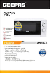 Geepas GMO1894 20L Microwave Oven | 1200W Solo Microwave with 6 Power Levels and a Timer | Cooking Power Control with 2 Rotary Dials & Defrost Settings | White - Al Kabayel Discount CentreGeepas GMO1894 20L Microwave Oven | 1200W Solo Microwave with 6 Power Levels and a Timer | Cooking Power Control with 2 Rotary Dials & Defrost Settings | WhiteFood & Drink AppliancesGEEPASAl Kabayel Discount Centre
