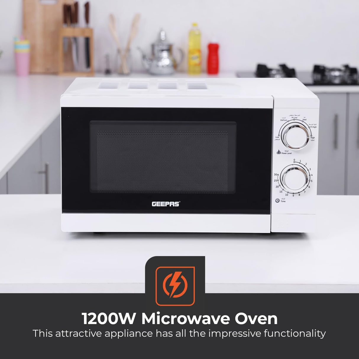 Geepas GMO1894 20L Microwave Oven | 1200W Solo Microwave with 6 Power Levels and a Timer | Cooking Power Control with 2 Rotary Dials & Defrost Settings | White - Al Kabayel Discount CentreGeepas GMO1894 20L Microwave Oven | 1200W Solo Microwave with 6 Power Levels and a Timer | Cooking Power Control with 2 Rotary Dials & Defrost Settings | WhiteFood & Drink AppliancesGEEPASAl Kabayel Discount Centre