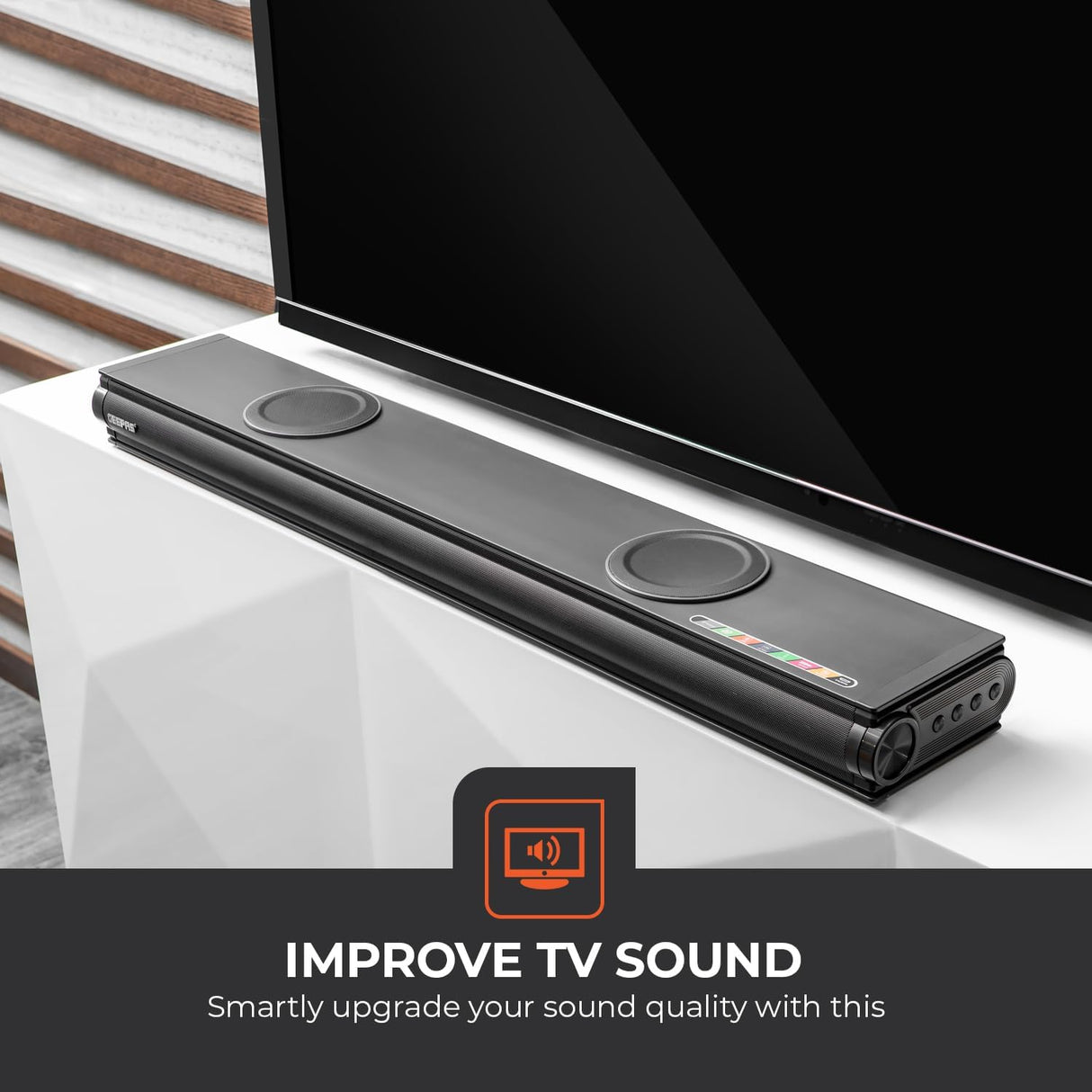 Geepas GMS11152 Portable Sound bar System 2.2CH 2 Inbuilt Sub Woofer with 3D Sound Technology USB/AUX/BT/HDMI/Remote Included Connect to TV, Mobile, Laptop & More, Black - Al Kabayel Discount CentreGeepas GMS11152 Portable Sound bar System 2.2CH 2 Inbuilt Sub Woofer with 3D Sound Technology USB/AUX/BT/HDMI/Remote Included Connect to TV, Mobile, Laptop & More, BlackElectronic AppliancesGEEPASAl Kabayel Discount Centre