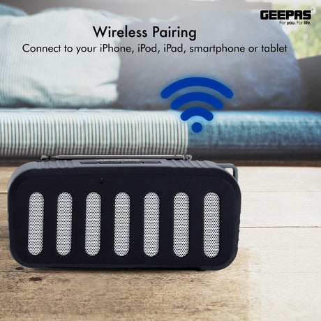 Geepas GMS11184 Bluetooth Rechargeable Speaker - Portable Wireless Speakers Long Hours Playtime 1200mAh Battery with Powerful Bass TF Card AUX USB Playback - Loud Speaker for Home Party Outdoor - Al Kabayel Discount CentreGeepas GMS11184 Bluetooth Rechargeable Speaker - Portable Wireless Speakers Long Hours Playtime 1200mAh Battery with Powerful Bass TF Card AUX USB Playback - Loud Speaker for Home Party OutdoorElectronic AppliancesGEEPASAl Kabayel Discount Centre