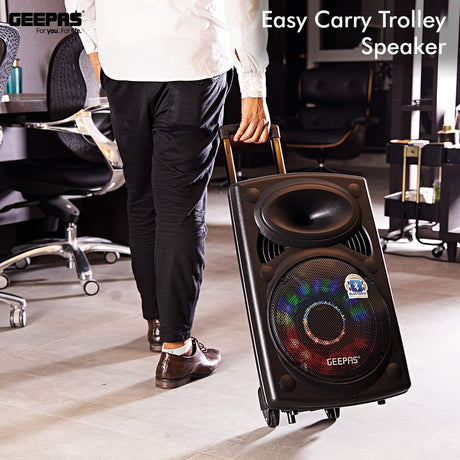 Geepas GMS8519 Rechargeable Trolley Bluetooth Speaker 40000W | 12" Woofer | with Wireless Microphones & LED Lights GMS8519 Geepas - Al Kabayel Discount CentreGeepas GMS8519 Rechargeable Trolley Bluetooth Speaker 40000W | 12" Woofer | with Wireless Microphones & LED Lights GMS8519 GeepasElectronic AppliancesGEEPASAl Kabayel Discount Centre