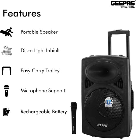 Geepas GMS8519 Rechargeable Trolley Bluetooth Speaker 40000W | 12" Woofer | with Wireless Microphones & LED Lights GMS8519 Geepas - Al Kabayel Discount CentreGeepas GMS8519 Rechargeable Trolley Bluetooth Speaker 40000W | 12" Woofer | with Wireless Microphones & LED Lights GMS8519 GeepasElectronic AppliancesGEEPASAl Kabayel Discount Centre