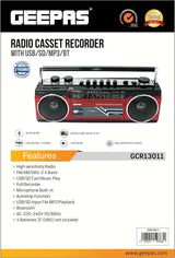 Geepas GR5851 Portable Radio Cassette Recorder | USB, SD, MP3 & Bluetooth Connectivity | Built - in Microphone for Recording | Auto Stop Function with 2 - Year Warranty - Al Kabayel Discount CentreGeepas GR5851 Portable Radio Cassette Recorder | USB, SD, MP3 & Bluetooth Connectivity | Built - in Microphone for Recording | Auto Stop Function with 2 - Year WarrantyPortable Bluetooth SpeakersGEEPASAl Kabayel Discount Centre