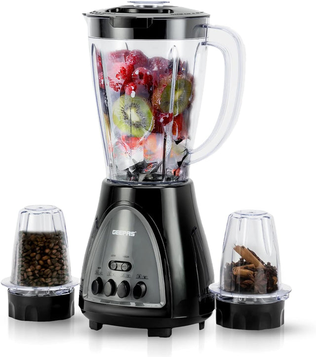 Geepas GSB44034 3 in 1 Blender, Powerful Motor 600W, Stainless Steel Cutting Blades, 3 Speed with Pulse Function, 1.8L Jar Juice Extractor for Whole Fruits Vegetables, Ice Crusher, White - Al Kabayel Discount CentreGeepas GSB44034 3 in 1 Blender, Powerful Motor 600W, Stainless Steel Cutting Blades, 3 Speed with Pulse Function, 1.8L Jar Juice Extractor for Whole Fruits Vegetables, Ice Crusher, WhiteBlenders, Mixers & Food ProcessorsGEEPASAl Kabayel Discount Centre