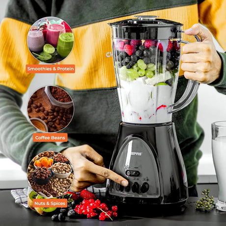 Geepas GSB44034 3 in 1 Blender, Powerful Motor 600W, Stainless Steel Cutting Blades, 3 Speed with Pulse Function, 1.8L Jar Juice Extractor for Whole Fruits Vegetables, Ice Crusher, White - Al Kabayel Discount CentreGeepas GSB44034 3 in 1 Blender, Powerful Motor 600W, Stainless Steel Cutting Blades, 3 Speed with Pulse Function, 1.8L Jar Juice Extractor for Whole Fruits Vegetables, Ice Crusher, WhiteBlenders, Mixers & Food ProcessorsGEEPASAl Kabayel Discount Centre