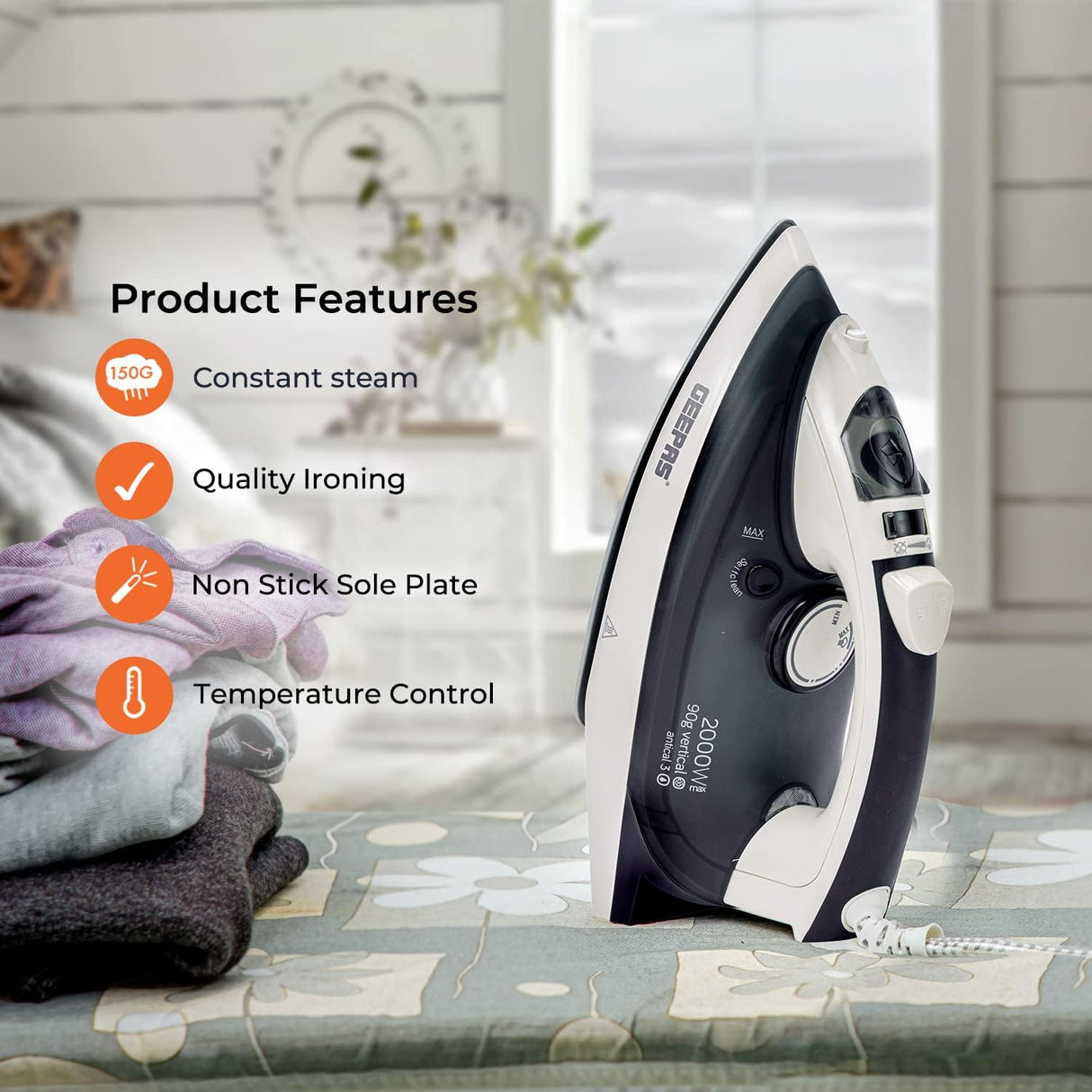 Geepas GSI7788 Ceramic Steam Iron 2000W - Temperature Control for Wet/Dry Crease Free Ironing | Steam Function & Self Cleaning Function - Al Kabayel Discount CentreGeepas GSI7788 Ceramic Steam Iron 2000W - Temperature Control for Wet/Dry Crease Free Ironing | Steam Function & Self Cleaning FunctionIrons & SteamersGEEPASAl Kabayel Discount Centre