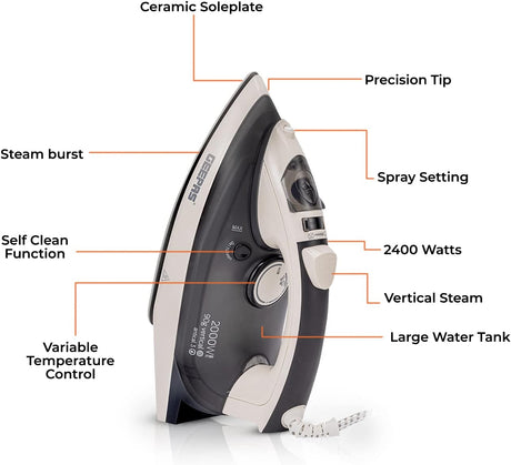 Geepas GSI7788 Ceramic Steam Iron 2000W - Temperature Control for Wet/Dry Crease Free Ironing | Steam Function & Self Cleaning Function - Al Kabayel Discount CentreGeepas GSI7788 Ceramic Steam Iron 2000W - Temperature Control for Wet/Dry Crease Free Ironing | Steam Function & Self Cleaning FunctionIrons & SteamersGEEPASAl Kabayel Discount Centre