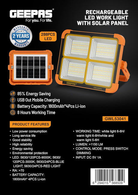 Geepas GWL53041 Rechargeable LED Work Light with Solar Panel | 85% Energy Efficient Outdoor Lighting | Ideal for Sports Arenas, Parking Areas & Worksites | 2 - Year Warranty - Al Kabayel Discount CentreGeepas GWL53041 Rechargeable LED Work Light with Solar Panel | 85% Energy Efficient Outdoor Lighting | Ideal for Sports Arenas, Parking Areas & Worksites | 2 - Year WarrantyHandheld FlashlightsGEEPASAl Kabayel Discount Centre