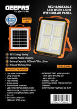 Geepas GWL53042 Solar Rechargeable LED Work Light | High Brightness 85% Energy Saving | Perfect for Outdoor Use, Construction, and Large Spaces | Durable Yellow Body with 2 - Year Warranty - Al Kabayel Discount CentreGeepas GWL53042 Solar Rechargeable LED Work Light | High Brightness 85% Energy Saving | Perfect for Outdoor Use, Construction, and Large Spaces | Durable Yellow Body with 2 - Year WarrantyHandheld FlashlightsGEEPASAl Kabayel Discount Centre