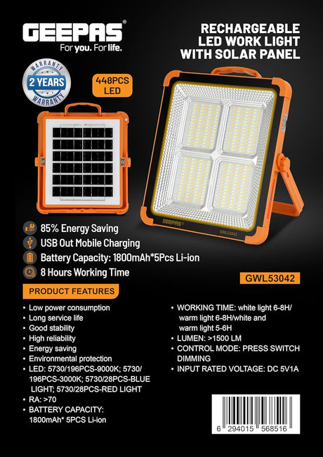 Geepas GWL53042 Solar Rechargeable LED Work Light | High Brightness 85% Energy Saving | Perfect for Outdoor Use, Construction, and Large Spaces | Durable Yellow Body with 2 - Year Warranty - Al Kabayel Discount CentreGeepas GWL53042 Solar Rechargeable LED Work Light | High Brightness 85% Energy Saving | Perfect for Outdoor Use, Construction, and Large Spaces | Durable Yellow Body with 2 - Year WarrantyHandheld FlashlightsGEEPASAl Kabayel Discount Centre