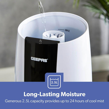 Geepas Humidifier for Bedroom, 2.6L Top Fill Cool Mist Large Room, 360° Rotatable, Night Light Auto Mode, 35dB Noise Level Humidifiers for Baby, Essential Oil Diffuser, Baby, Home, Work - Al Kabayel Discount CentreGeepas Humidifier for Bedroom, 2.6L Top Fill Cool Mist Large Room, 360° Rotatable, Night Light Auto Mode, 35dB Noise Level Humidifiers for Baby, Essential Oil Diffuser, Baby, Home, WorkHome Décor AccentsGEEPASAl Kabayel Discount Centre
