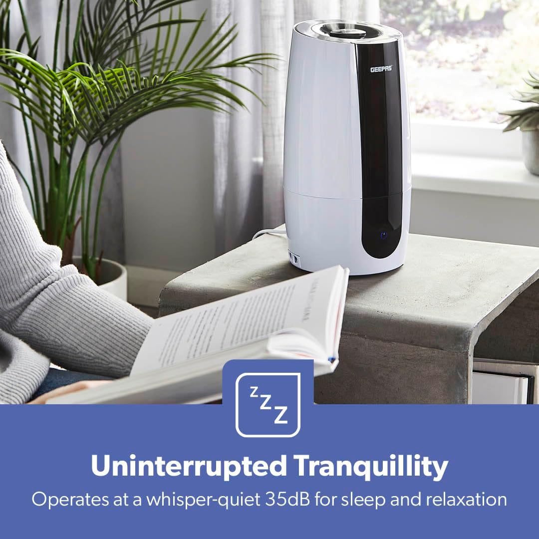 Geepas Humidifier for Bedroom, 2.6L Top Fill Cool Mist Large Room, 360° Rotatable, Night Light Auto Mode, 35dB Noise Level Humidifiers for Baby, Essential Oil Diffuser, Baby, Home, Work - Al Kabayel Discount CentreGeepas Humidifier for Bedroom, 2.6L Top Fill Cool Mist Large Room, 360° Rotatable, Night Light Auto Mode, 35dB Noise Level Humidifiers for Baby, Essential Oil Diffuser, Baby, Home, WorkHome Décor AccentsGEEPASAl Kabayel Discount Centre