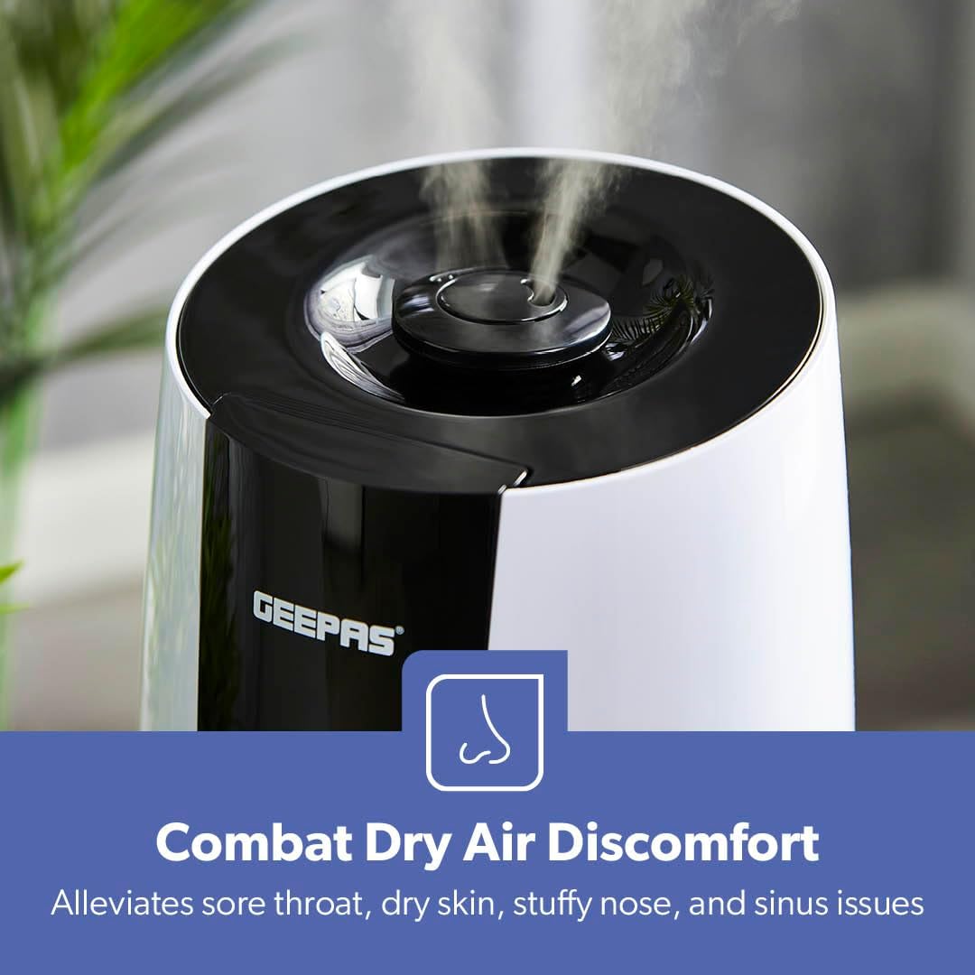 Geepas Humidifier for Bedroom, 2.6L Top Fill Cool Mist Large Room, 360° Rotatable, Night Light Auto Mode, 35dB Noise Level Humidifiers for Baby, Essential Oil Diffuser, Baby, Home, Work - Al Kabayel Discount CentreGeepas Humidifier for Bedroom, 2.6L Top Fill Cool Mist Large Room, 360° Rotatable, Night Light Auto Mode, 35dB Noise Level Humidifiers for Baby, Essential Oil Diffuser, Baby, Home, WorkHome Décor AccentsGEEPASAl Kabayel Discount Centre