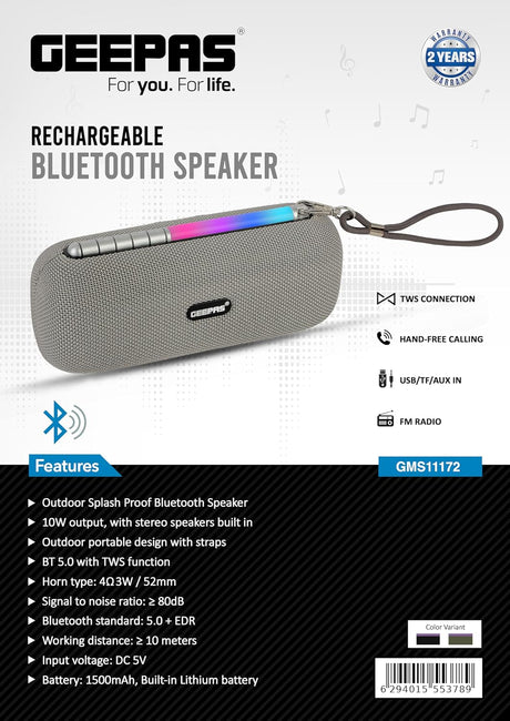 Geepas Rechargeable Bluetooth Speaker - | Bluetooth, TWS Function and FM Radio - Al Kabayel Discount CentreGeepas Rechargeable Bluetooth Speaker - | Bluetooth, TWS Function and FM RadioElectronic AppliancesGEEPASAl Kabayel Discount Centre