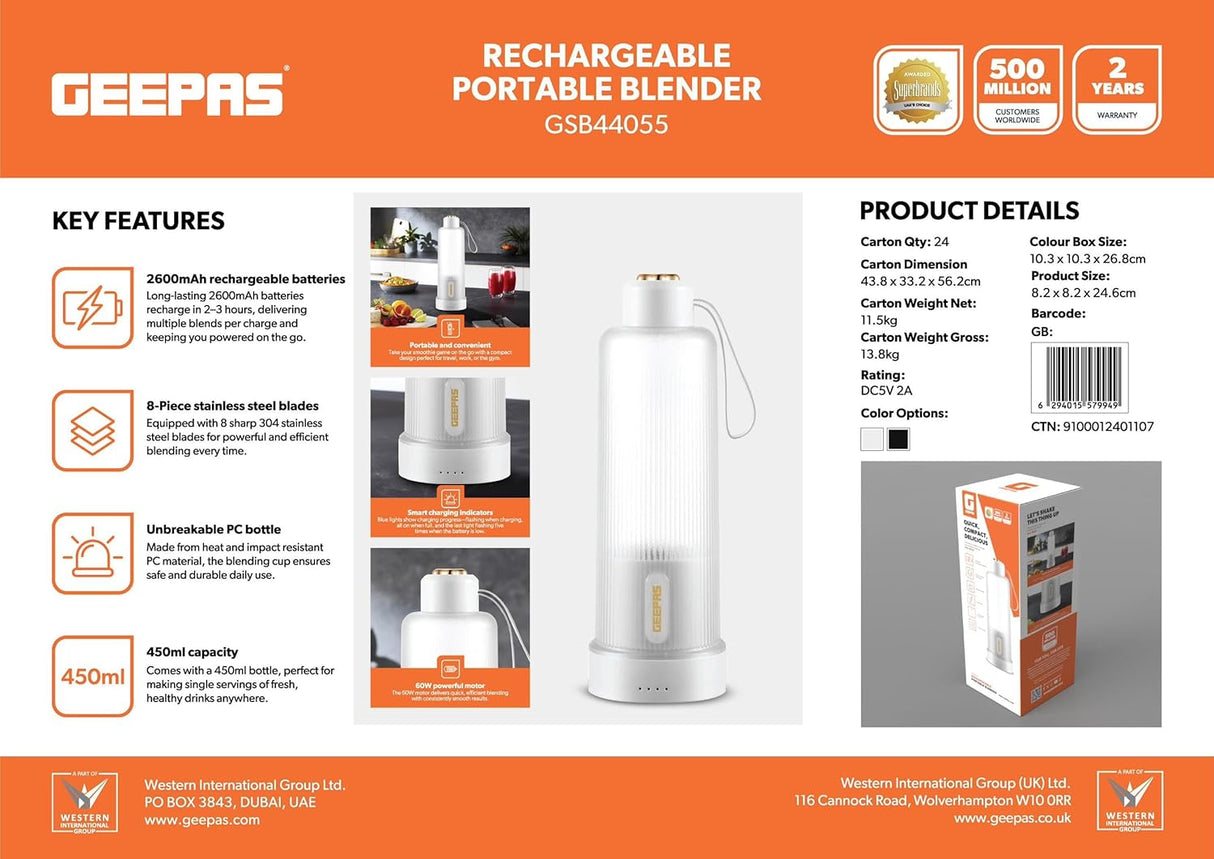 Geepas Rechargeable Portable Blender - GSB44055/ 450 ml Capacity, 8 Stainless Steel Blades, PC Bottle, with Smart Charging Indicators/White - Al Kabayel Discount CentreGeepas Rechargeable Portable Blender - GSB44055/ 450 ml Capacity, 8 Stainless Steel Blades, PC Bottle, with Smart Charging Indicators/WhiteBlenders, Mixers & Food ProcessorsGEEPASAl Kabayel Discount Centre