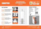 Geepas Rechargeable Portable Blender - GSB44055/ 450 ml Capacity, 8 Stainless Steel Blades, PC Bottle, with Smart Charging Indicators/White - Al Kabayel Discount CentreGeepas Rechargeable Portable Blender - GSB44055/ 450 ml Capacity, 8 Stainless Steel Blades, PC Bottle, with Smart Charging Indicators/WhiteBlenders, Mixers & Food ProcessorsGEEPASAl Kabayel Discount Centre