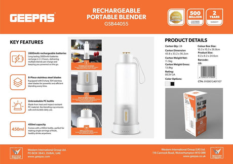 Geepas Rechargeable Portable Blender - GSB44055/ 450 ml Capacity, 8 Stainless Steel Blades, PC Bottle, with Smart Charging Indicators/White - Al Kabayel Discount CentreGeepas Rechargeable Portable Blender - GSB44055/ 450 ml Capacity, 8 Stainless Steel Blades, PC Bottle, with Smart Charging Indicators/WhiteBlenders, Mixers & Food ProcessorsGEEPASAl Kabayel Discount Centre