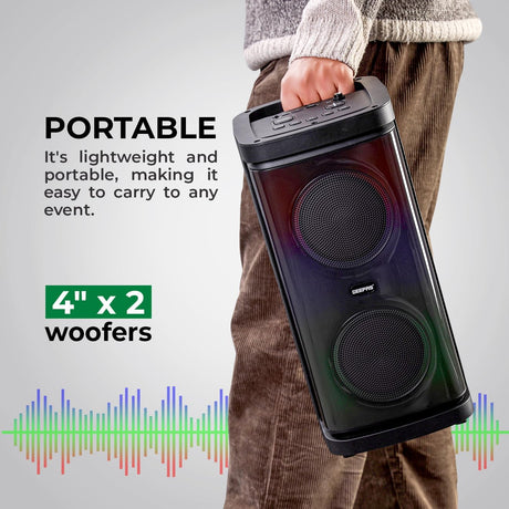 Geepas Rechargeable Portable Speaker - GMS11193/ RGB Light, USB Input, TF, TWS, FM Radio, VHF Microphone, Bluetooth/ 20000W PMPO Speakers Unit, with Remote Control - Al Kabayel Discount CentreGeepas Rechargeable Portable Speaker - GMS11193/ RGB Light, USB Input, TF, TWS, FM Radio, VHF Microphone, Bluetooth/ 20000W PMPO Speakers Unit, with Remote ControlElectronic AppliancesGEEPASAl Kabayel Discount Centre