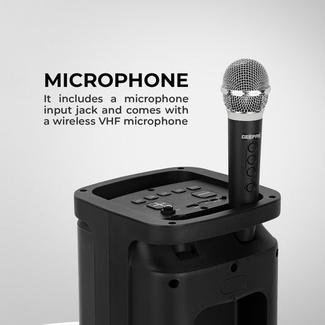 Geepas Rechargeable Portable Speaker - GMS11193/ RGB Light, USB Input, TF, TWS, FM Radio, VHF Microphone, Bluetooth/ 20000W PMPO Speakers Unit, with Remote Control - Al Kabayel Discount CentreGeepas Rechargeable Portable Speaker - GMS11193/ RGB Light, USB Input, TF, TWS, FM Radio, VHF Microphone, Bluetooth/ 20000W PMPO Speakers Unit, with Remote ControlElectronic AppliancesGEEPASAl Kabayel Discount Centre