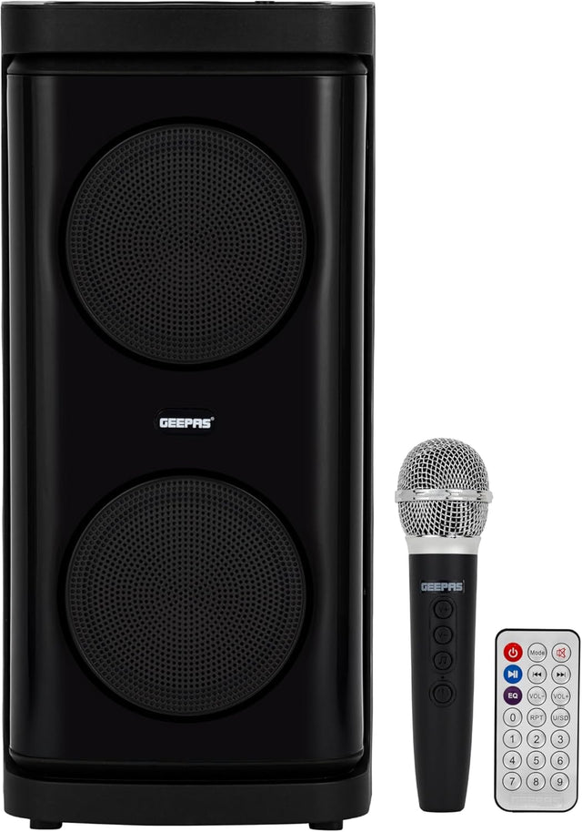 Geepas Rechargeable Portable Speaker - GMS11193/ RGB Light, USB Input, TF, TWS, FM Radio, VHF Microphone, Bluetooth/ 20000W PMPO Speakers Unit, with Remote Control - Al Kabayel Discount CentreGeepas Rechargeable Portable Speaker - GMS11193/ RGB Light, USB Input, TF, TWS, FM Radio, VHF Microphone, Bluetooth/ 20000W PMPO Speakers Unit, with Remote ControlElectronic AppliancesGEEPASAl Kabayel Discount Centre
