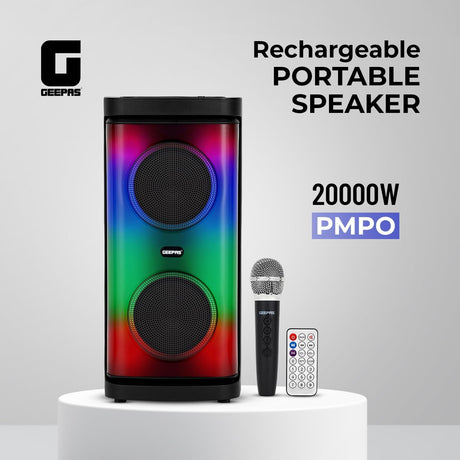 Geepas Rechargeable Portable Speaker - GMS11193/ RGB Light, USB Input, TF, TWS, FM Radio, VHF Microphone, Bluetooth/ 20000W PMPO Speakers Unit, with Remote Control - Al Kabayel Discount CentreGeepas Rechargeable Portable Speaker - GMS11193/ RGB Light, USB Input, TF, TWS, FM Radio, VHF Microphone, Bluetooth/ 20000W PMPO Speakers Unit, with Remote ControlElectronic AppliancesGEEPASAl Kabayel Discount Centre