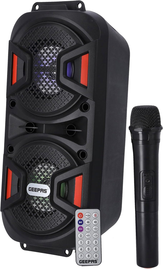 Geepas Rechargeable Portable Speaker - Portable Handle with 1500 MAH Huge Battery| TWS Connection & Compatible with BT/USB/AUX/FM/Micro SD | Ideal for Home, Hotels, Trips & Outdoor Use - Al Kabayel Discount CentreGeepas Rechargeable Portable Speaker - Portable Handle with 1500 MAH Huge Battery| TWS Connection & Compatible with BT/USB/AUX/FM/Micro SD | Ideal for Home, Hotels, Trips & Outdoor UseElectronic AppliancesGEEPASAl Kabayel Discount Centre