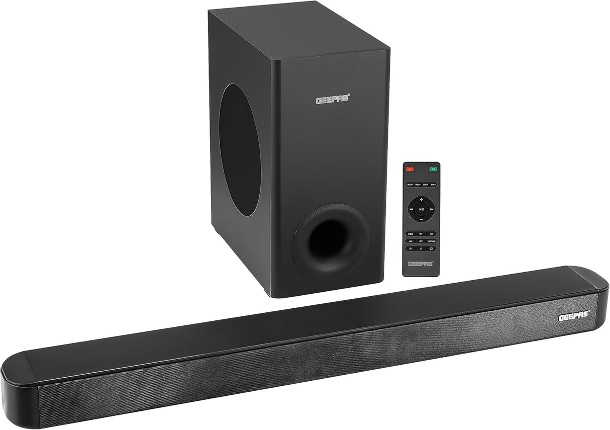 Geepas Wireless Sound Bar - GMS11173| USB/AUX/Bluetooth/HDMI | Sound Bar System with Wireless Subwoofer, Connect to TV, Mobile, Laptop & More - Al Kabayel Discount CentreGeepas Wireless Sound Bar - GMS11173| USB/AUX/Bluetooth/HDMI | Sound Bar System with Wireless Subwoofer, Connect to TV, Mobile, Laptop & MoreElectronic AppliancesGEEPASAl Kabayel Discount Centre