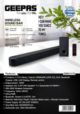 Geepas Wireless Sound Bar - GMS11173| USB/AUX/Bluetooth/HDMI | Sound Bar System with Wireless Subwoofer, Connect to TV, Mobile, Laptop & More - Al Kabayel Discount CentreGeepas Wireless Sound Bar - GMS11173| USB/AUX/Bluetooth/HDMI | Sound Bar System with Wireless Subwoofer, Connect to TV, Mobile, Laptop & MoreElectronic AppliancesGEEPASAl Kabayel Discount Centre