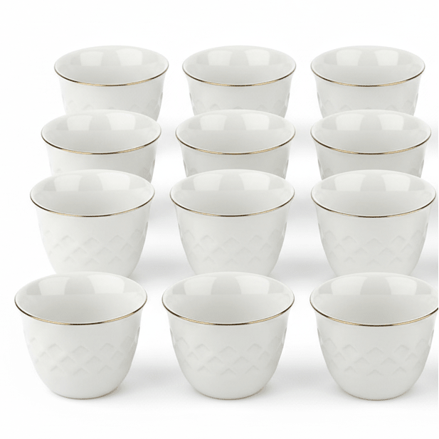 Germax Elegant White Ceramic Arabic Coffee Cawa Cups Set of 12 Gold Rim Premium Classic Gahwa Finjan 80 ml - Al Kabayel Discount CentreGermax Elegant White Ceramic Arabic Coffee Cawa Cups Set of 12 Gold Rim Premium Classic Gahwa Finjan 80 mlTea CupsGERMAXAl Kabayel Discount Centre