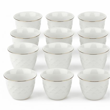 Germax Elegant White Ceramic Arabic Coffee Cawa Cups Set of 12 Gold Rim Premium Classic Gahwa Finjan 80 ml - Al Kabayel Discount CentreGermax Elegant White Ceramic Arabic Coffee Cawa Cups Set of 12 Gold Rim Premium Classic Gahwa Finjan 80 mlTea CupsGERMAXAl Kabayel Discount Centre