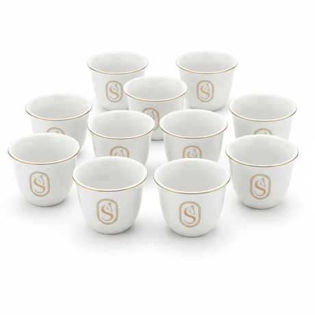 Germax Elegant White Ceramic Cawa Coffee Cups Set of 12 with Gold Rim Horse Design Traditional Arabic Finjan Set 80 ml - Al Kabayel Discount CentreGermax Elegant White Ceramic Cawa Coffee Cups Set of 12 with Gold Rim Horse Design Traditional Arabic Finjan Set 80 mlTea CupsGERMAXAl Kabayel Discount Centre