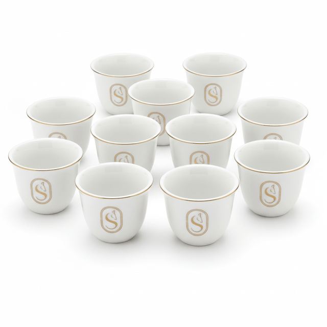 Germax Elegant White Ceramic Cawa Coffee Cups Set of 12 with Gold Rim Horse Design Traditional Arabic Finjan Set 80 ml - Al Kabayel Discount CentreGermax Elegant White Ceramic Cawa Coffee Cups Set of 12 with Gold Rim Horse Design Traditional Arabic Finjan Set 80 mlTea CupsGERMAXAl Kabayel Discount Centre