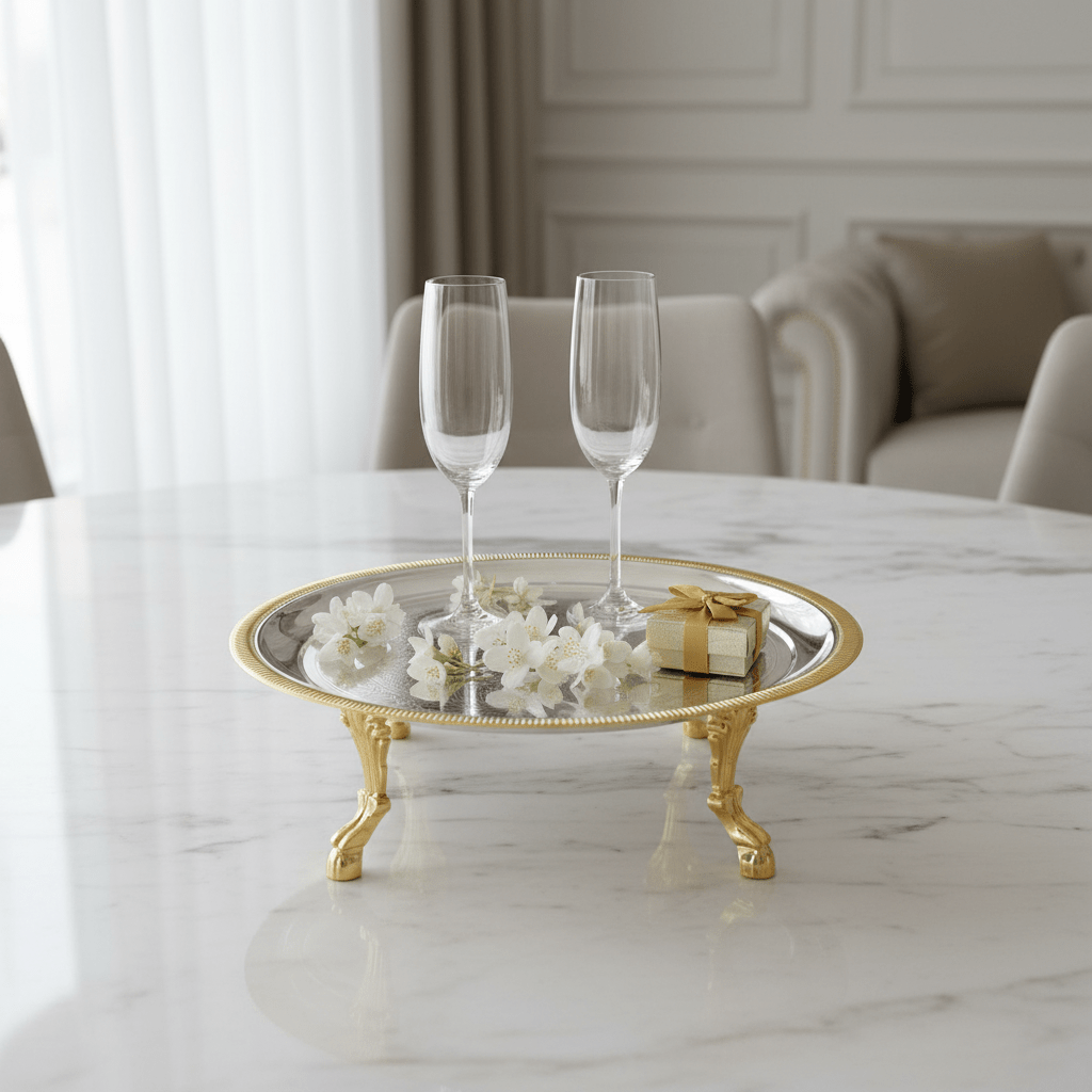 Germax Footed Silver & Gold Round Serving Tray – 32×12cm - Al Kabayel Discount CentreGermax Footed Silver & Gold Round Serving Tray – 32×12cmServing TraysGERMAXAl Kabayel Discount Centre