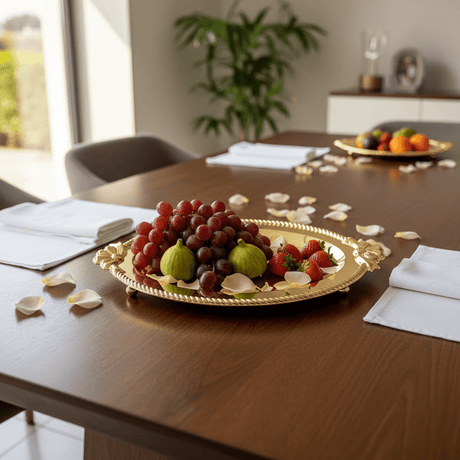 Germax Gold Metal Oval Serving Tray – 27×18 cm | Decorative Hospitality Tray with Floral Handles - Al Kabayel Discount CentreGermax Gold Metal Oval Serving Tray – 27×18 cm | Decorative Hospitality Tray with Floral HandlesServing TraysGERMAXAl Kabayel Discount Centre