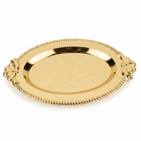 Germax Gold Metal Oval Serving Tray – 27×18 cm | Decorative Hospitality Tray with Floral Handles - Al Kabayel Discount CentreGermax Gold Metal Oval Serving Tray – 27×18 cm | Decorative Hospitality Tray with Floral HandlesServing TraysGERMAXAl Kabayel Discount Centre