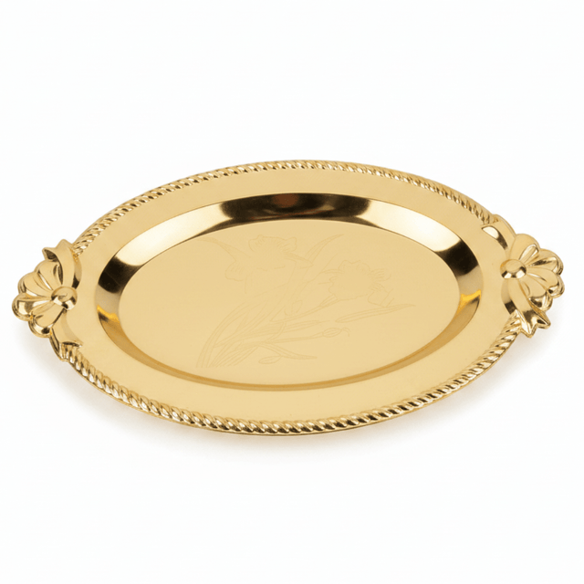 Germax Gold Metal Oval Serving Tray – 27×18 cm | Decorative Hospitality Tray with Floral Handles - Al Kabayel Discount CentreGermax Gold Metal Oval Serving Tray – 27×18 cm | Decorative Hospitality Tray with Floral HandlesServing TraysGERMAXAl Kabayel Discount Centre