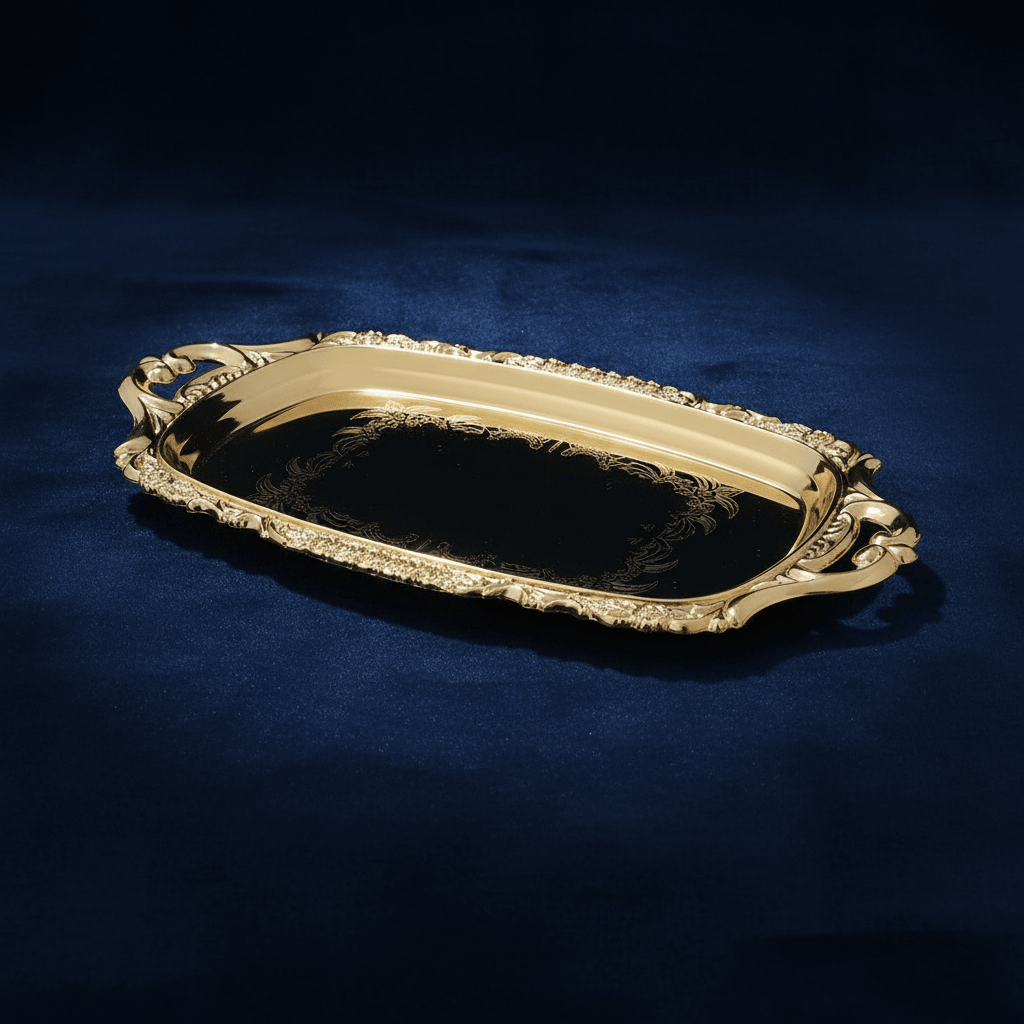 Germax Gold Metal Rectangle Snack Tray – 20×10cm | Ornate Baroque Serving Tray - Al Kabayel Discount CentreGermax Gold Metal Rectangle Snack Tray – 20×10cm | Ornate Baroque Serving TrayServing TraysGERMAXAl Kabayel Discount Centre