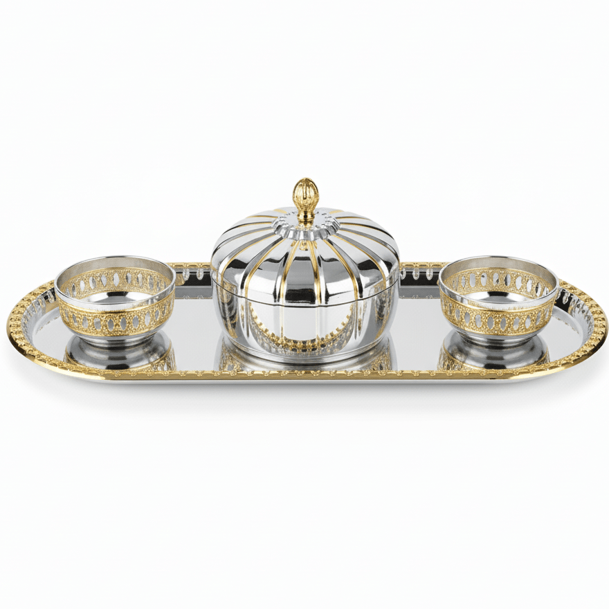 Germax Luxury Silver Metal Candy Pot with Matching Serving Tray – Elegant Sweet Presentation Set 35×15 cm - Al Kabayel Discount CentreGermax Luxury Silver Metal Candy Pot with Matching Serving Tray – Elegant Sweet Presentation Set 35×15 cmServing TraysGERMAXAl Kabayel Discount Centre