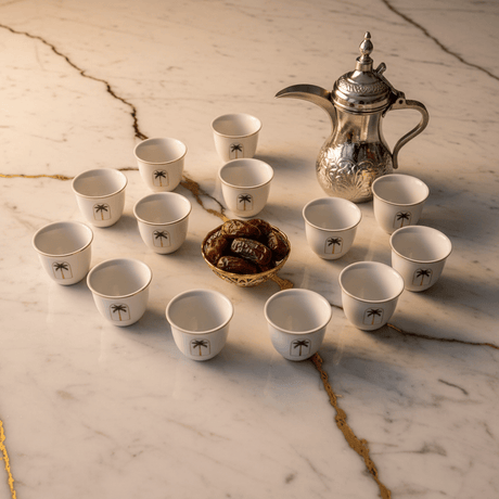Germax Luxury White Ceramic Arabic Coffee Cawa Cups Set of 12 Gold Rim Palm Tree Design Middle Eastern Gahwa Finjan 80 ml - Al Kabayel Discount CentreGermax Luxury White Ceramic Arabic Coffee Cawa Cups Set of 12 Gold Rim Palm Tree Design Middle Eastern Gahwa Finjan 80 mlTea CupsGERMAXAl Kabayel Discount Centre