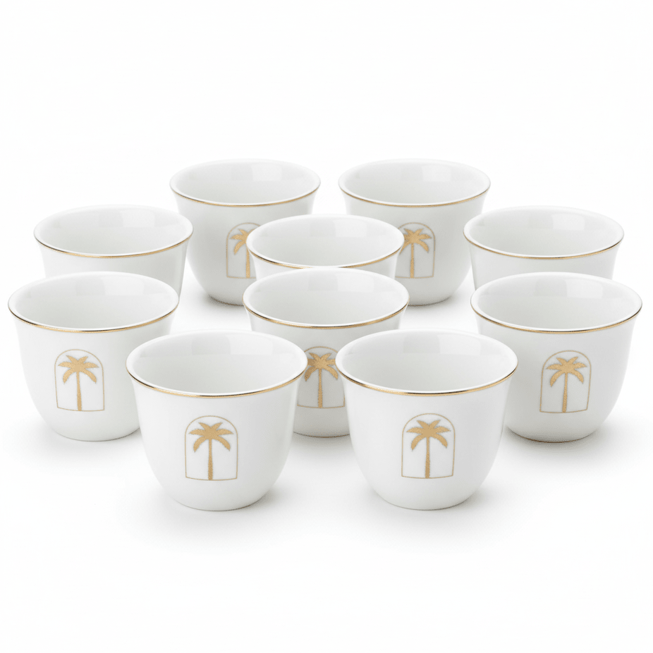 Germax Luxury White Ceramic Arabic Coffee Cawa Cups Set of 12 Gold Rim Palm Tree Design Middle Eastern Gahwa Finjan 80 ml - Al Kabayel Discount CentreGermax Luxury White Ceramic Arabic Coffee Cawa Cups Set of 12 Gold Rim Palm Tree Design Middle Eastern Gahwa Finjan 80 mlTea CupsGERMAXAl Kabayel Discount Centre