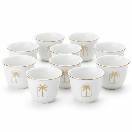 Germax Luxury White Ceramic Arabic Coffee Cawa Cups Set of 12 Gold Rim Palm Tree Design Middle Eastern Gahwa Finjan 80 ml - Al Kabayel Discount CentreGermax Luxury White Ceramic Arabic Coffee Cawa Cups Set of 12 Gold Rim Palm Tree Design Middle Eastern Gahwa Finjan 80 mlTea CupsGERMAXAl Kabayel Discount Centre