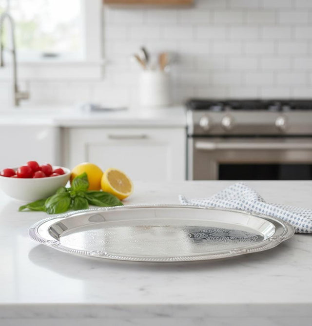 Germax Oval Steel Serving Tray – Unique Silver Finish | 24×16 cm Classic Tableware - Al Kabayel Discount CentreGermax Oval Steel Serving Tray – Unique Silver Finish | 24×16 cm Classic TablewareServing TraysGERMAXAl Kabayel Discount Centre