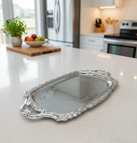 Germax Oval Steel Tray – Elegant Silver Pattern | 17×30 cm Decorative Home Accent - Al Kabayel Discount CentreGermax Oval Steel Tray – Elegant Silver Pattern | 17×30 cm Decorative Home AccentServing TraysGERMAXAl Kabayel Discount Centre