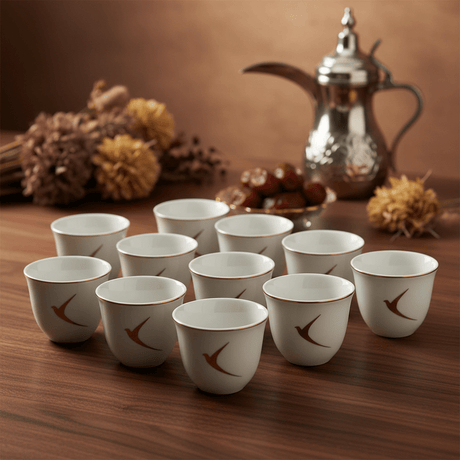 Germax Premium White Ceramic Arabic Cawa Coffee Cups Set of 12 with Gold Rim Bird Design Traditional Gahwa Finjan 80 ml - Al Kabayel Discount CentreGermax Premium White Ceramic Arabic Cawa Coffee Cups Set of 12 with Gold Rim Bird Design Traditional Gahwa Finjan 80 mlTea CupsGERMAXAl Kabayel Discount Centre