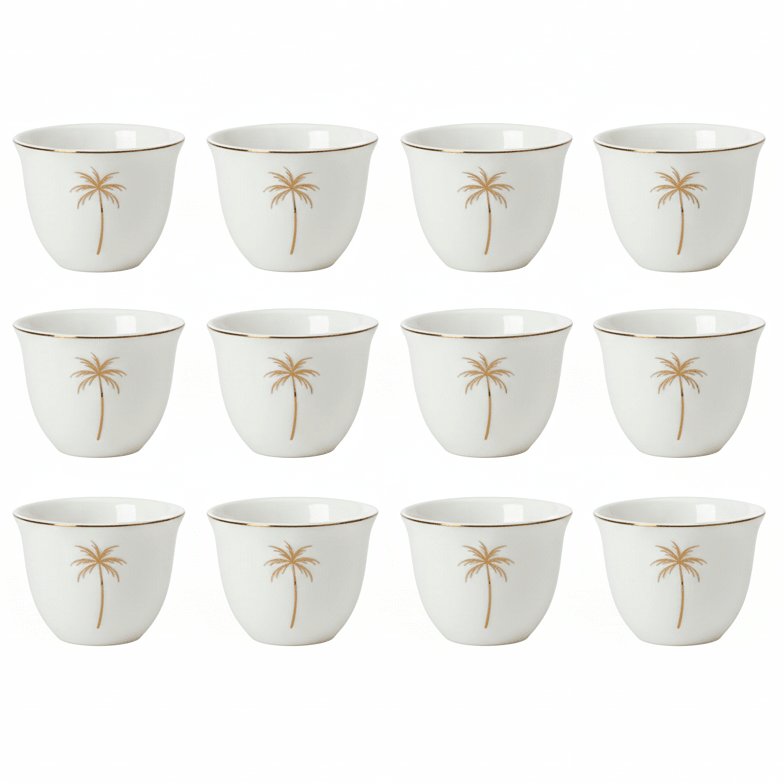 Germax Premium White Ceramic Arabic Coffee Cawa Cups Set of 12 Gold Rim Palm Tree Elegant Design 80 ml - Al Kabayel Discount CentreGermax Premium White Ceramic Arabic Coffee Cawa Cups Set of 12 Gold Rim Palm Tree Elegant Design 80 mlTea CupsGERMAXAl Kabayel Discount Centre