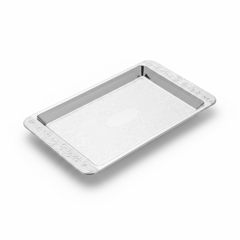 Germax Silver Metal Rectangle Serving Tray – 20×12.5cm | Engraved Floral Design - Al Kabayel Discount CentreGermax Silver Metal Rectangle Serving Tray – 20×12.5cm | Engraved Floral DesignServing TraysGERMAXAl Kabayel Discount Centre