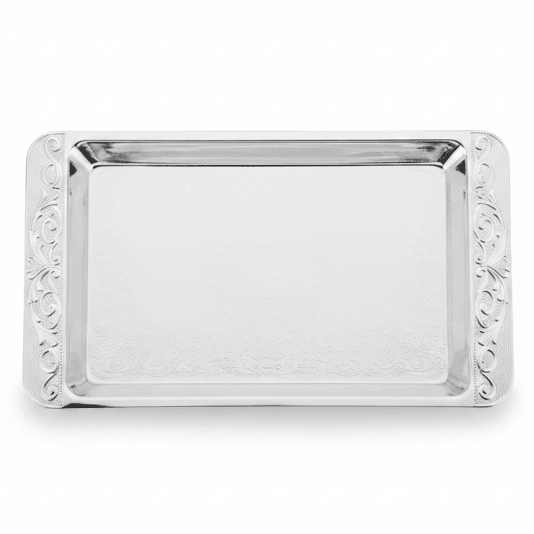 Germax Silver Metal Rectangle Serving Tray – 20×12.5cm | Engraved Floral Design - Al Kabayel Discount CentreGermax Silver Metal Rectangle Serving Tray – 20×12.5cm | Engraved Floral DesignServing TraysGERMAXAl Kabayel Discount Centre