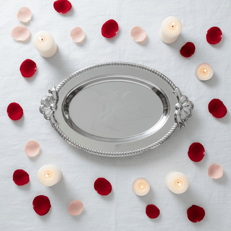 Germax Silver Oval Serving Tray – 27×18 cm | Engraved Floral Design with Decorative Handles - Al Kabayel Discount CentreGermax Silver Oval Serving Tray – 27×18 cm | Engraved Floral Design with Decorative HandlesServing TraysGERMAXAl Kabayel Discount Centre
