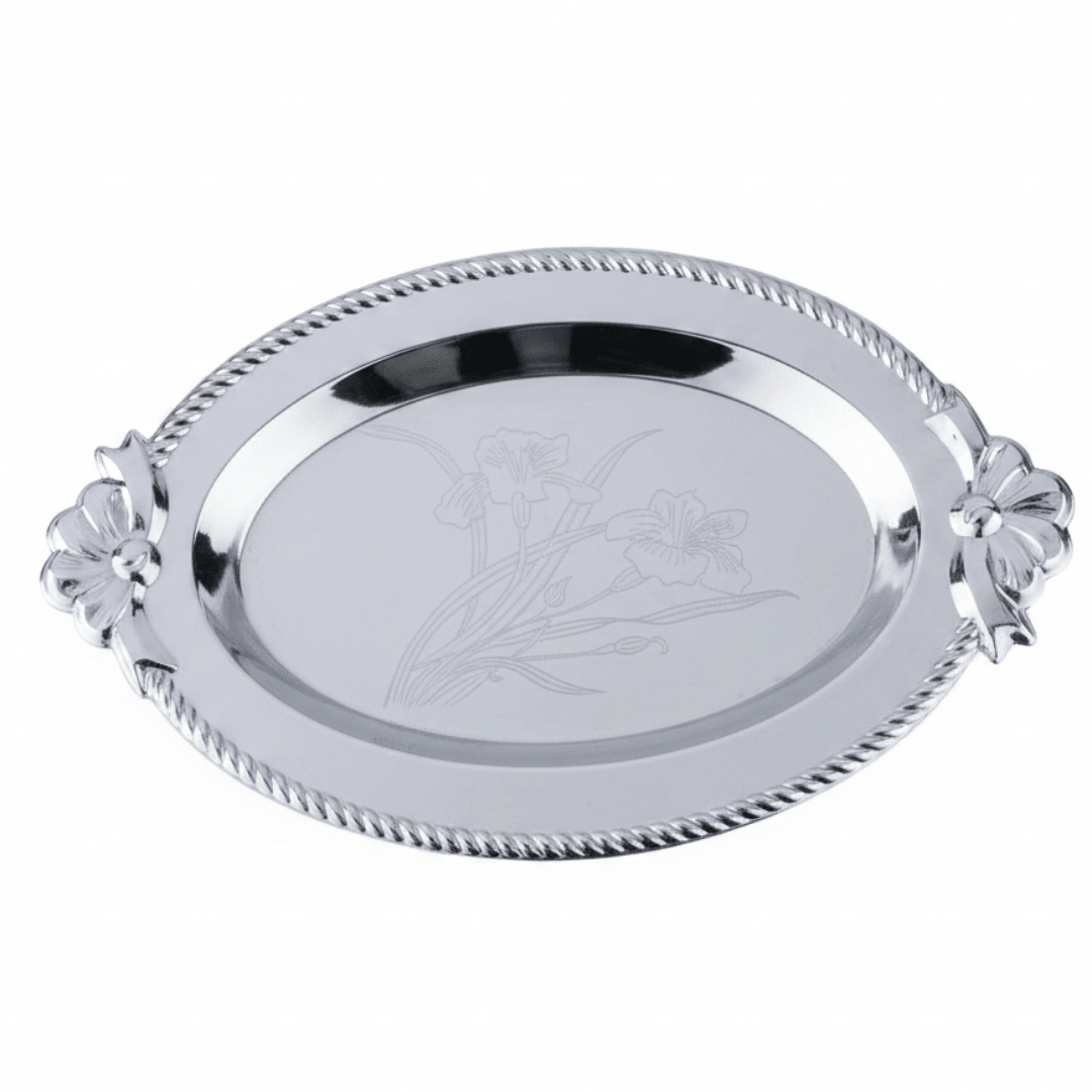 Germax Silver Oval Serving Tray – 27×18 cm | Engraved Floral Design with Decorative Handles - Al Kabayel Discount CentreGermax Silver Oval Serving Tray – 27×18 cm | Engraved Floral Design with Decorative HandlesServing TraysGERMAXAl Kabayel Discount Centre