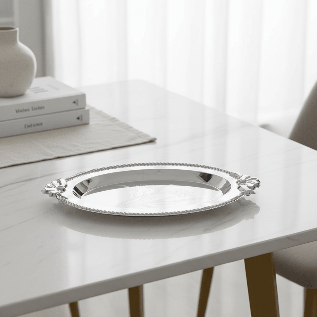 Germax Silver Oval Serving Tray – 27×18 cm | Engraved Floral Design with Decorative Handles - Al Kabayel Discount CentreGermax Silver Oval Serving Tray – 27×18 cm | Engraved Floral Design with Decorative HandlesServing TraysGERMAXAl Kabayel Discount Centre